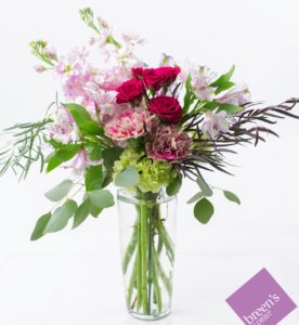  Stock, Spray Roses, Hydrangea, Alstromeria and more in glass vase