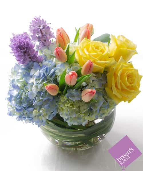 Spring into flowers as Breen's presents a beautiful bouquet of Tulips, roses, hyacinth, and hydrangea. *Color combinations may vary